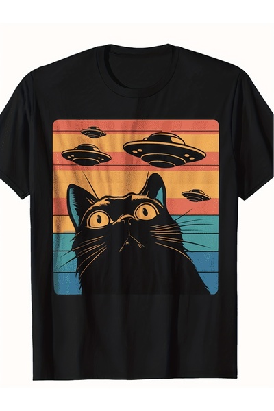 2mcup Men's Alien T-Shirt - Funny Galaxy Cat in Spaceship Graphic, Soft Breat...