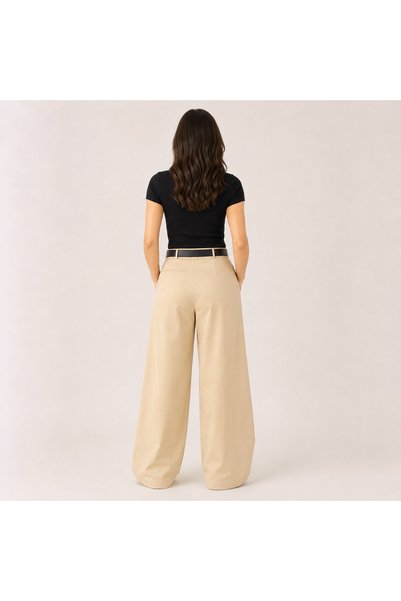 Emporya Women's Cream Belt Detailed Pocketed High Waist Comfortable Wide Leg Palazzo Trousers