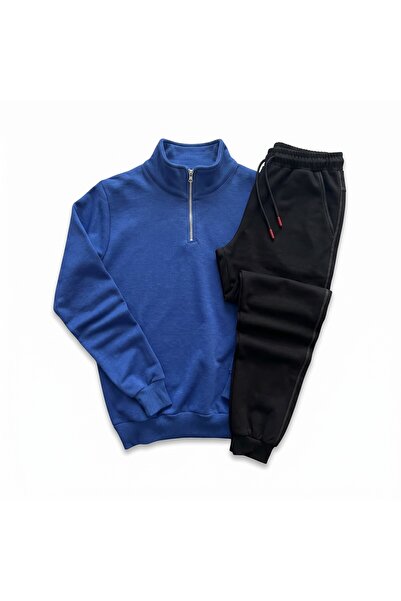 FS CABİN Unisex Unprinted Plain Black Tracksuit Set with Half Zipper Sweatshi...