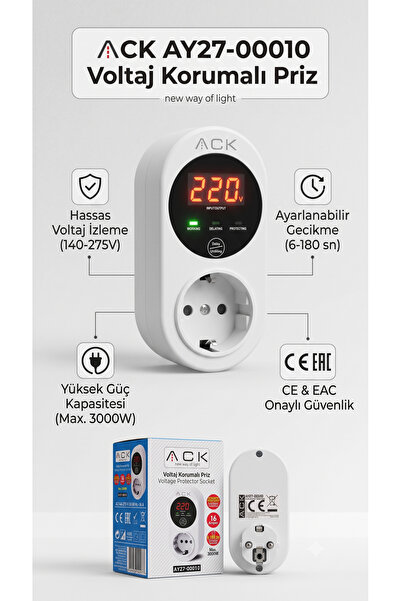 Gündüz E-ticaret AY27-00010 Tekli Otomatik Akım ve Voltaj Korumalı Priz - Dij...