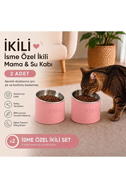 Basart 2'li Kişiye Özel İsim Yazılı Kedi Köpek Mama Kabı | Eğimli Paslanmaz Ç...