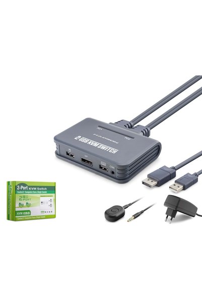 HADRON HDX1427 DisplayPort KVM Switch 2 Console USB Harici Butonlu Dahili Kablolu 2 DP Siyah