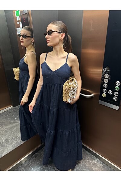 Özgece LACİVERT ASKILI FİSTO DETAYLI ELBİSE