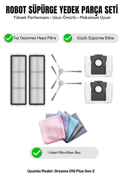 Asgard Grup Compatible with Dreame D10 Plus Gen 2 2 White Side Brushes 2 Filt...