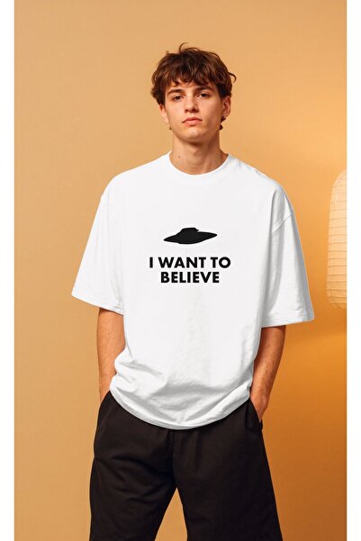 buzagi I Want to Believe X Files Oversize Unisex White T-Shirt
