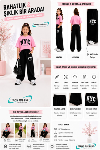 TREND THE BEST Trendin En İyisi Summer Girls Boys Unisex Kids Nyc Printed Black Sweatpants and T-Shirt