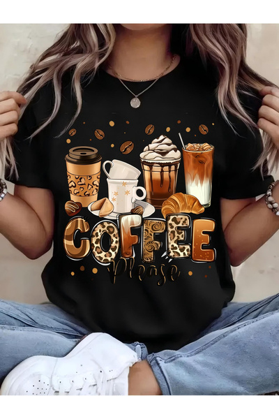 STITCHLY تي شيرت فضفاض للنساء بتصميم لمحبي القهوة، يعرض طباعة كوب حبوب القهوة...