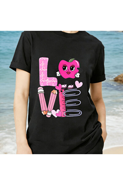 212Wear تي شيرت نسائي أسود من القطن 100%، تي شيرت برسومات تفاحة مدرسية وردية ...