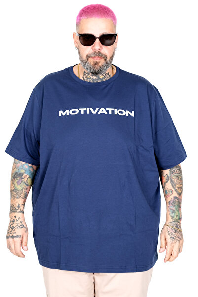 ModeXL Mode XL Large Size T-Shirt Bıs Yaka Wanted U26113 Indigo