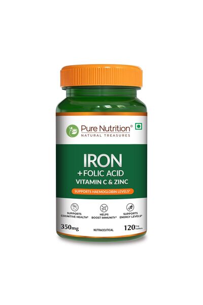 Pure Nutrition مكمل حمض الفوليك والحديد - 120 قرص نباتي مع الزنك وفيتامين سي ...