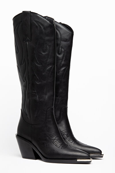 DENORA Black Matte Leather Metal Toe Cap Below the Knee Embroidered Western C...