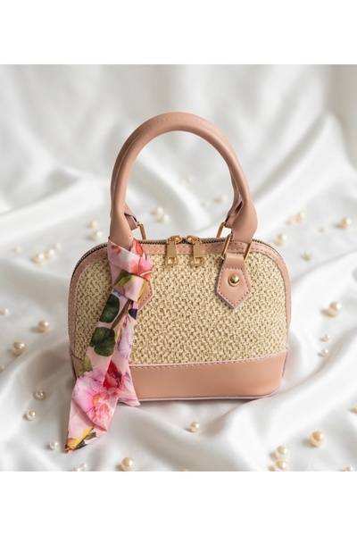 AVIVA Scarf Detailed Straw & Leather Combination Women's Shoulder Bag