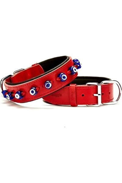 Doggie Comfort Leather Nazar Beaded Dog Collar Small Red 4X47-55 cm
