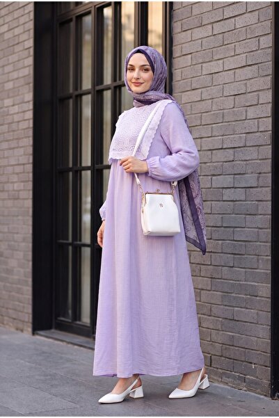 Modamorfo Removable Lace Vest, Elastic Sleeves, Lined Wrinkled Dress -Lilac