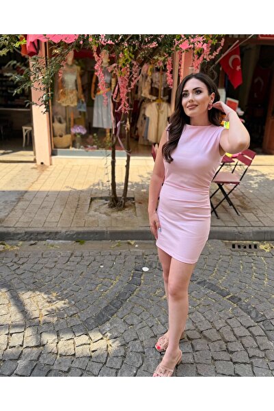 Sedef Onan Beli Drapeli Toz Pembe Jean Elbise