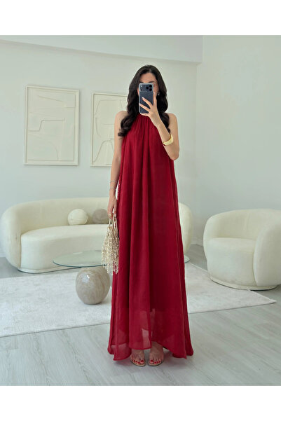 My Blog Kırmızı Yaka Dantelli Elbise - 3438