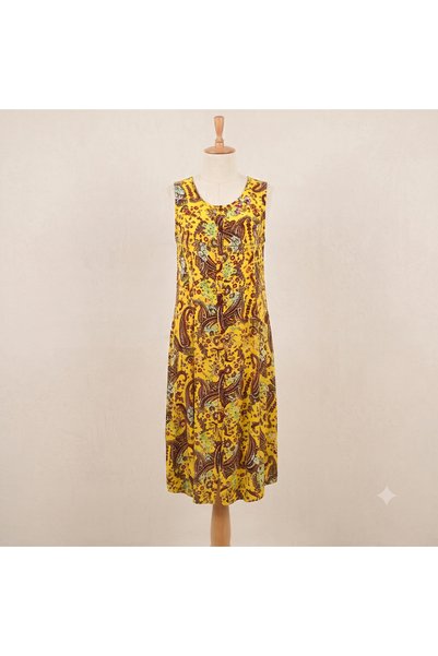 Ceylin Women's Sleeveless Shawl Pattern Yellow Shirt Dress