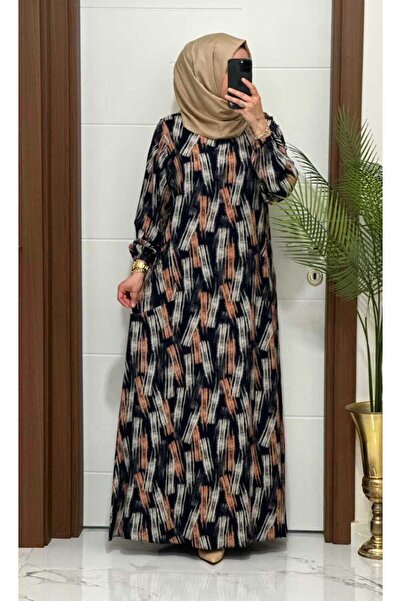 MODA ALMİRA 1880 K 120 LACİVERT FIRCA DESEN CEPLİ VİSKON ELBİSE