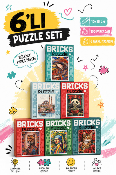 Gargamel 6’lı Mini Puzzle Seti 100 parça 10x15 cm Sanat Koleksiyonu