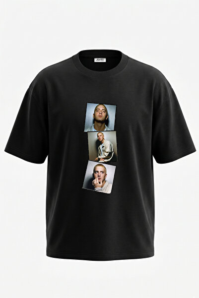 Anetos تيشيرت أسود كبير الحجم مطبوع بتصميم Eminem Rapper_14 للجنسين