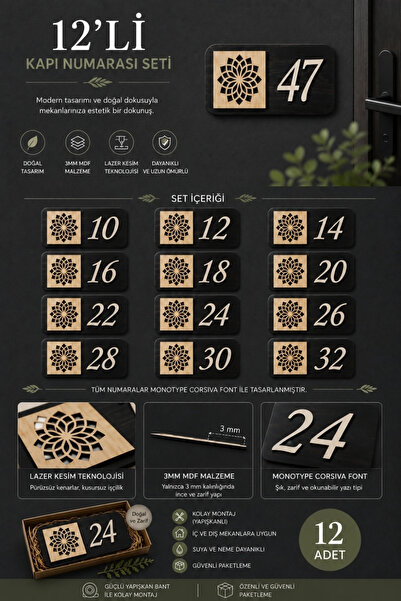 ERDİZDEN Set of 12 Wooden Door Numbers |   3 mm Mdf Laser Cutting - Rebap Ahşap
