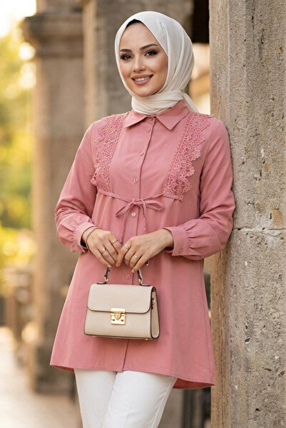 N.S NEVA STYLE Lace Detailed Powder Hijab Tunic 20384Pd