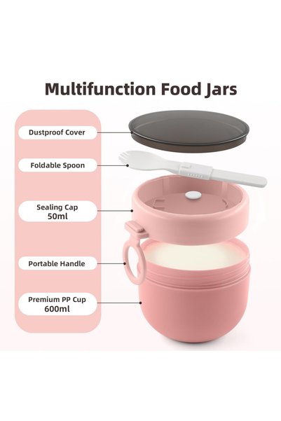 STAR BABiES Stainless Steel Food Jar 600ml Portable Microwave Safe Breakfast Cup with Spoon & Leak Proof Lid - Pink
