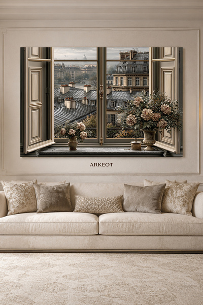 Arkeot Vintage Pencereden Paris Kanvas Duvar Tablosu - Dekoratif Salon Tablo