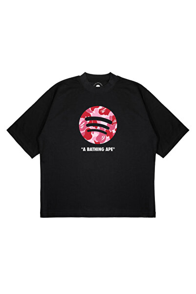 PURE EFFECT Unisex Oversize a Bathing Ape Spotify Printed Boxy Fit Thick Fabr...