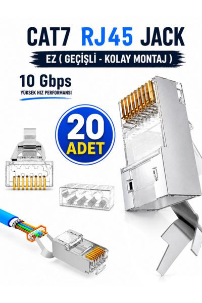 Vwin 20 Adet Cat7 Jack Metal Konnektör FTP/SFTP 8 Pin Kemerli Ez Rj45 Kolay Geçişli +Cat6