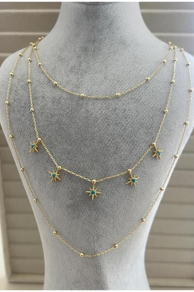 Gosea Gold Color Multi-Layered Star Pendant Turquoise Stone Detailed Bead Cha...