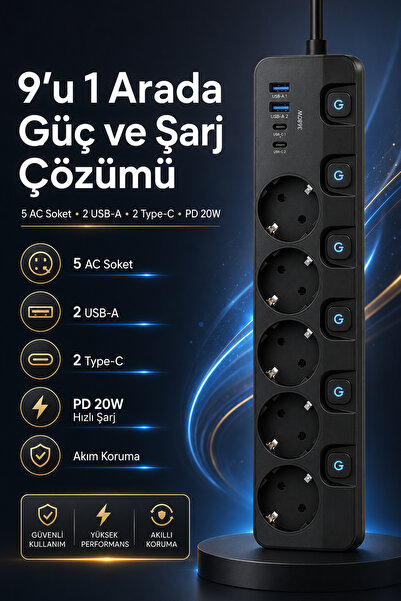 The Wlue 5’li Akım Korumalı Çoklu Priz | 3680W | 2xUSB-A | 2x Type-C | PD 20W...