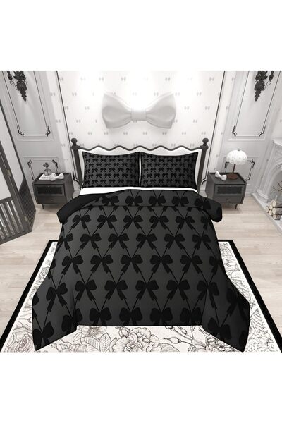 Loussiesd Cute Bow Duvet Cover Double Duvet Cover Black Bow Kawaii Bedding Se...