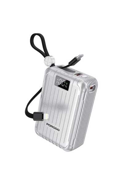 porodo PD Power Bank with Integrated Type-C & Lightning Cable, 20000 mAh, Sil...