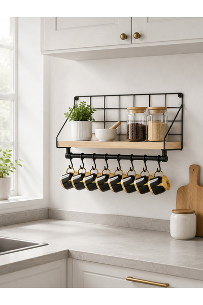 mba decor metal bending art Siyah Metal Ahşap Duvar Rafı 35x27x10 cm Mutfak B...