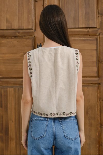 Lavix Beige Women's Floral Embroidered Linen Look Vest V-Neck Buttoned Casual Stylish Vest