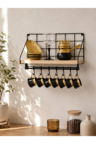 mba decor metal bending art Siyah Metal Ahşap Duvar Rafı 35x27x10 cm Mutfak Banyo Askılı Organizer