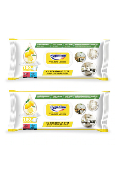 Hygienium Set 2 x Servetele umede Hygienium, 100 buc, 23x21, 5 cm, cu bicarbo...