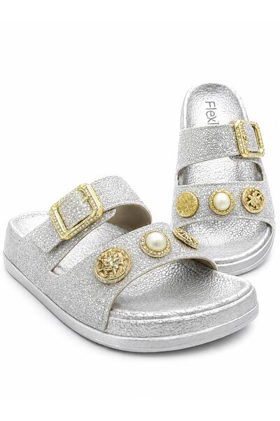 FLEXİS Women's Silver Glitter Single Buckle Orthopedic Sole Daily Slippers Si...