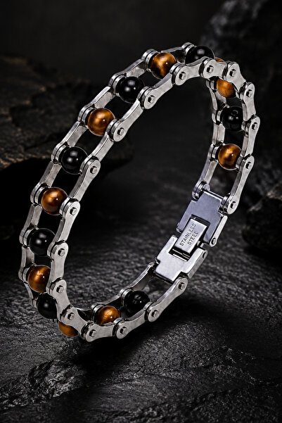 İyyaKee Men's Motorcycle Chain Design Tiger's Eye and Onyx Natural Stone 316L...