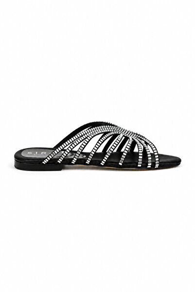 Sira Official Shine Black Stone Embellished Satin Slippers