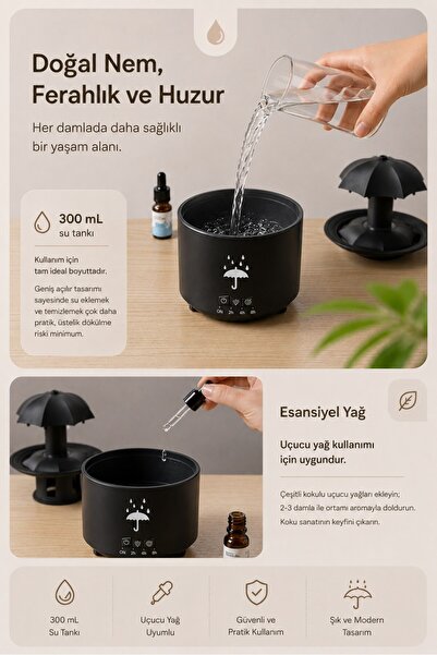 Divex Rain Effect Air Humidifier Aromatherapy Diffuser 300 ml Remote Control 7 Colors Led Timed Silent Operation