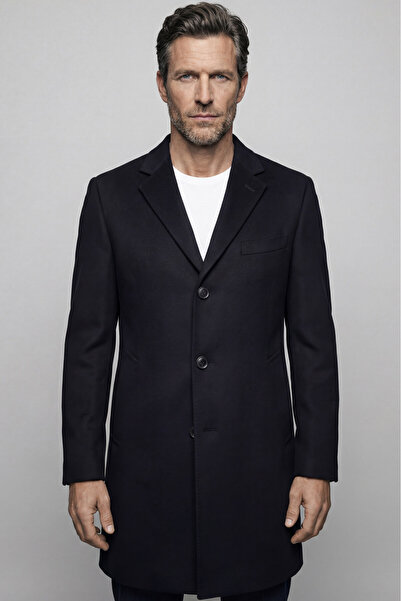 Bisse Navy Blue Wool Cashmere Button Detailed Mono Collar Coat