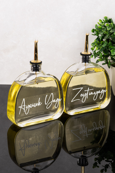 Dolkin Home Set of 2 500 ml Luxury Oil Bottles with Gold Lid, Glass Oil Dispe...