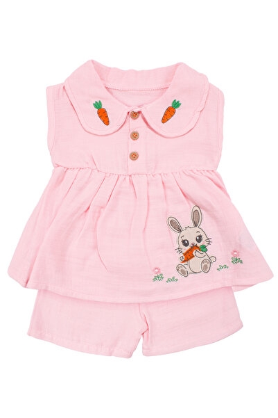 bebegen Baby Girl Pink Carrot Embroidered Collared Shorts Muslin 2-Piece Set