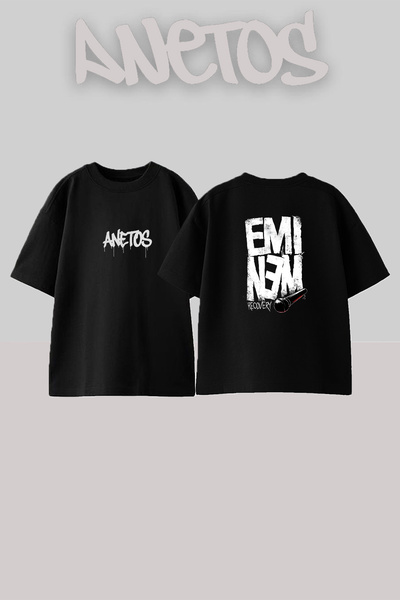 Anetos تيشيرت أسود كبير الحجم مطبوع بتصميم Eminem Recovery للجنسين