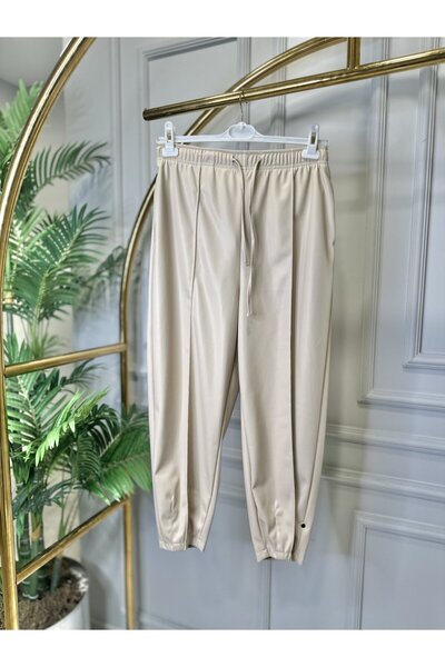 İkoll 33313 Ribbed Leather Tapered Trousers Beige