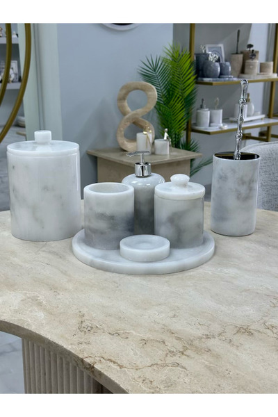 veloraliving Decorative Natural White Marble 7 Piece Marble Handle Silver Det...
