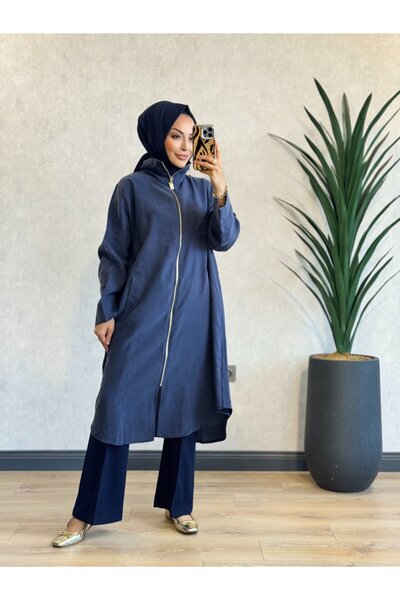 ALANURMODA 3467 جيب بتفاصيل مفصلة وغطاء بسحاب باللون الأزرق الداكن