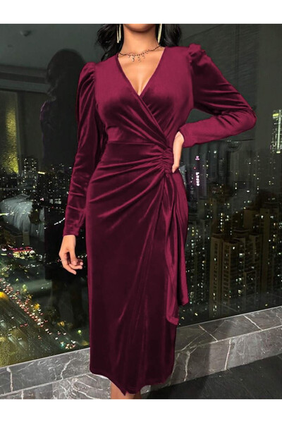 Efnaz style Women's Long Sleeve Double Breasted Collar Side Gathered Midi Vel...